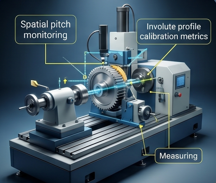 High-precision industrial gear grinding setup showing spatial pitch monitoring and involute profile calibration metrics.